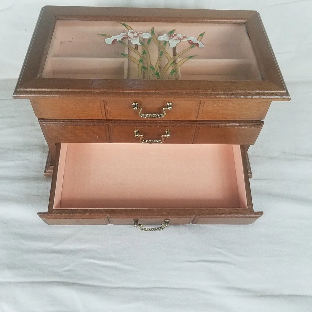 Vintage Wooden Jewelry Box Organizer Brown Excellent Floral Glass 2-drawers